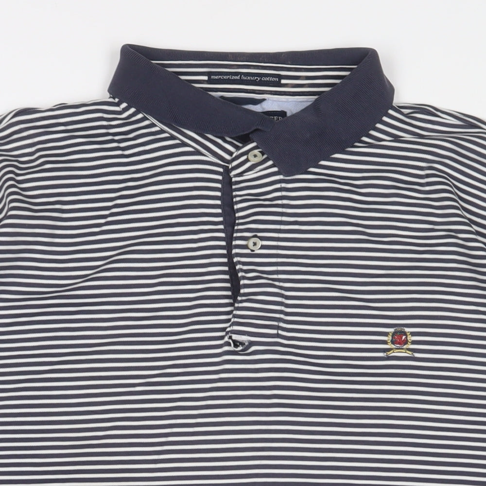 Tommy Hilfiger Mens Blue Striped Cotton Polo Size XL Collared Button - Logo, Embroidered