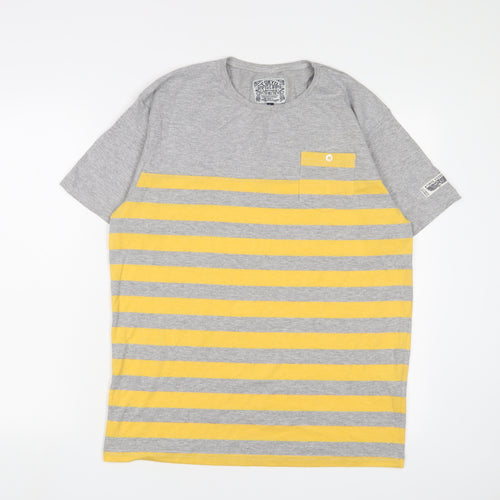 Tokyo Tigers Womens Grey Striped Cotton Basic T-Shirt Size L Crew Neck - Embroidered