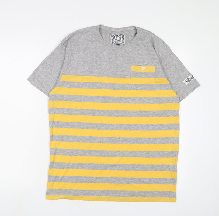 Tokyo Tigers Womens Grey Striped Cotton Basic T-Shirt Size L Crew Neck - Embroidered