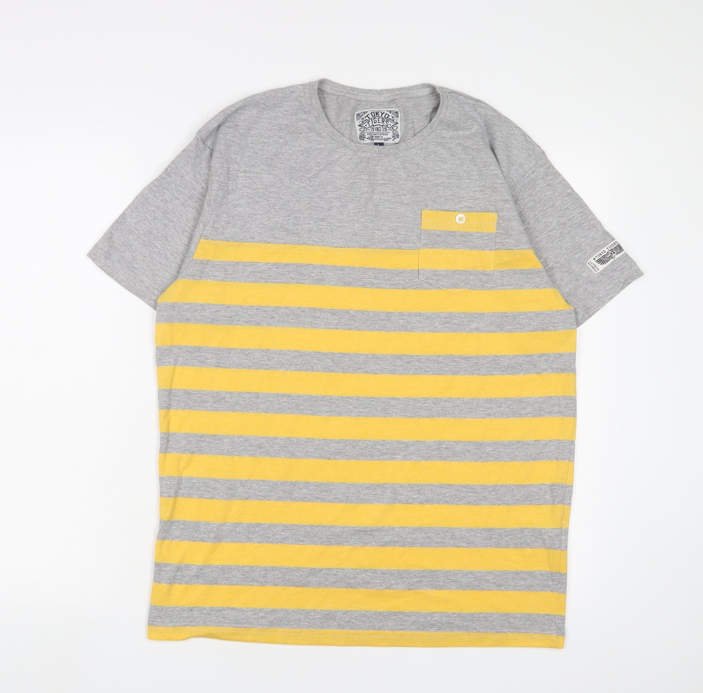 Tokyo Tigers Womens Grey Striped Cotton Basic T-Shirt Size L Crew Neck - Embroidered