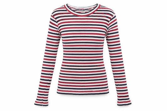 Front view of Brave Soul women’s multicoloured crew neck striped cotton jumper, size M, - stretch