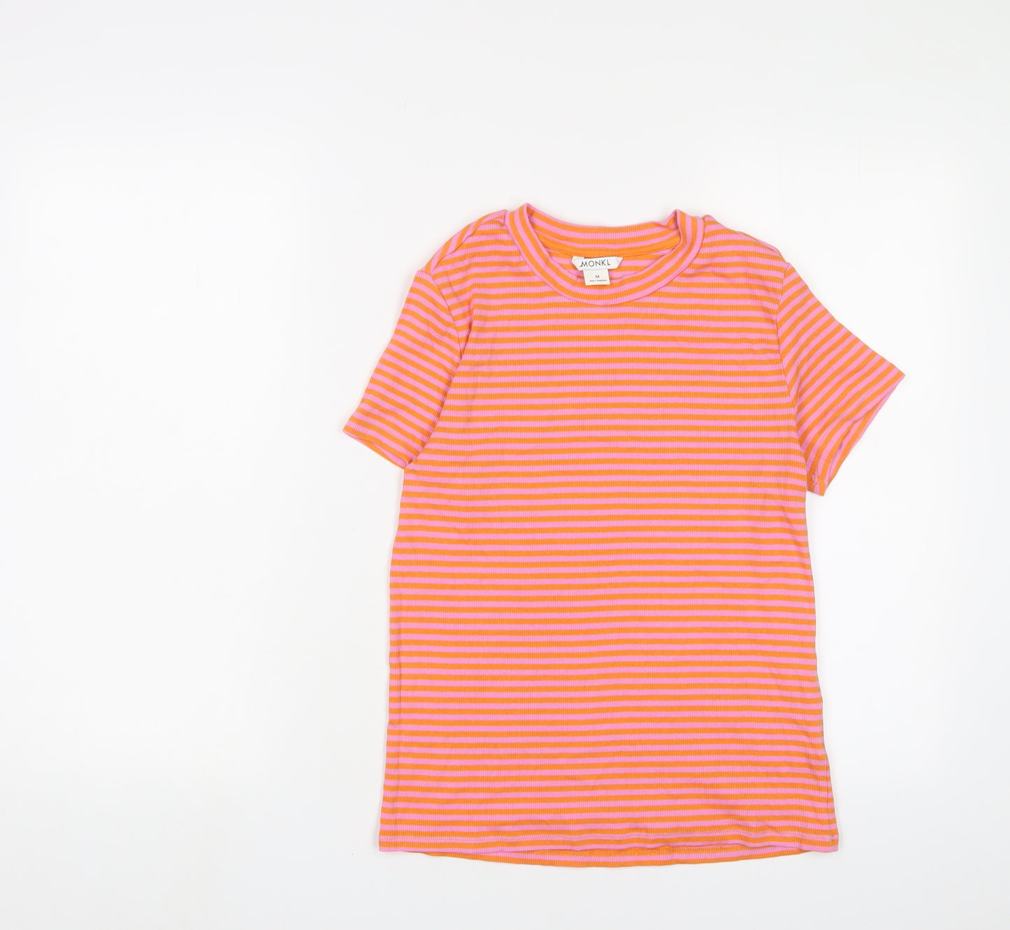 Monki Womens Orange Striped Cotton Basic T-Shirt Size M Crew Neck - Stretch