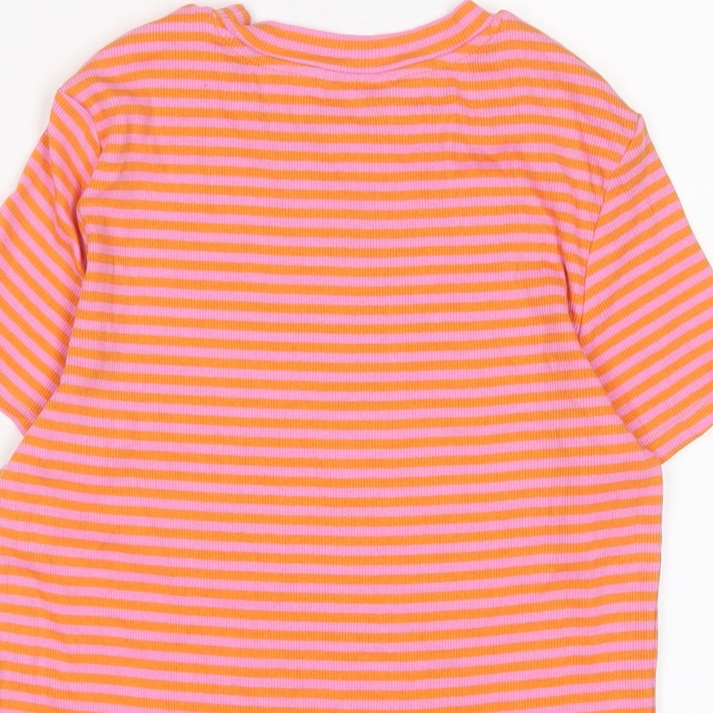 Monki Womens Orange Striped Cotton Basic T-Shirt Size M Crew Neck - Stretch