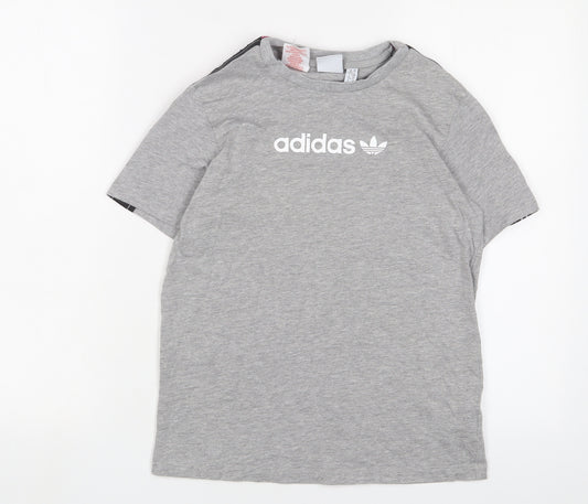 adidas Girls Grey Cotton Basic T-Shirt Size 9-10 Years Crew Neck Pullover - Logo, Embroidered