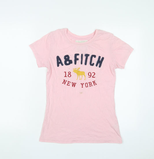 Abercrombie & Fitch Womens Pink Cotton Basic T-Shirt Size L Crew Neck - Logo, Embroidered