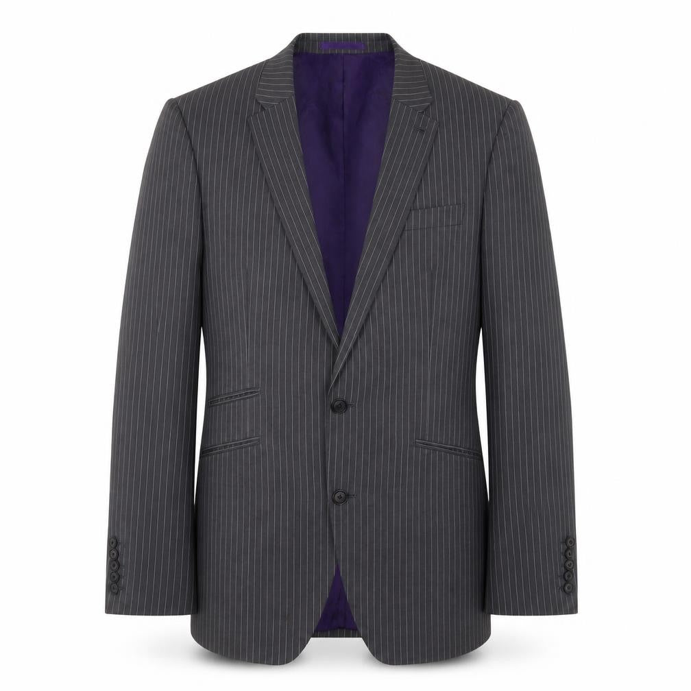 Front view of Next men’s grey striped polyester jacket suit jacket, size 40, regular - 5 sleeve buttons