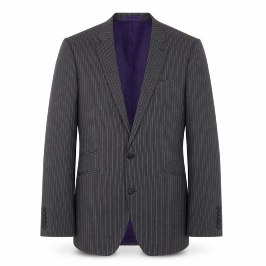 Front view of Next men’s grey striped polyester jacket suit jacket, size 40, regular - 5 sleeve buttons