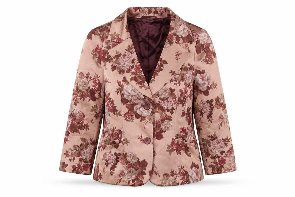 Front view of Precis women’s pink floral jacket blazer, size UK 12, button