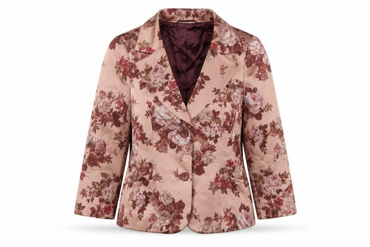Front view of Precis women’s pink floral jacket blazer, size UK 12, button