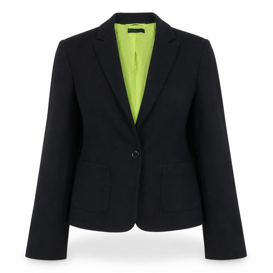 Front view of United Colors of Benetton women’s black jacket blazer, size UK 12, button
