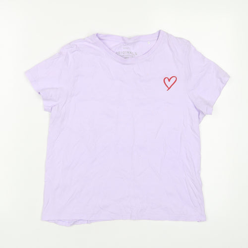 Marks and Spencer Girls Purple Cotton Basic T-Shirt Size 13-14 Years Crew Neck Pullover - Heart, Embroidered