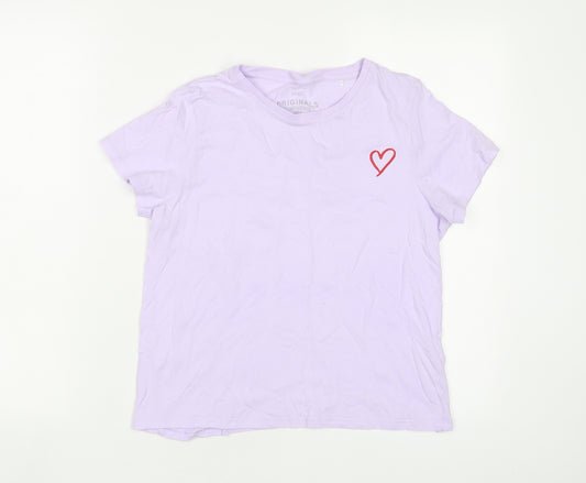 Marks and Spencer Girls Purple Cotton Basic T-Shirt Size 13-14 Years Crew Neck Pullover - Heart, Embroidered