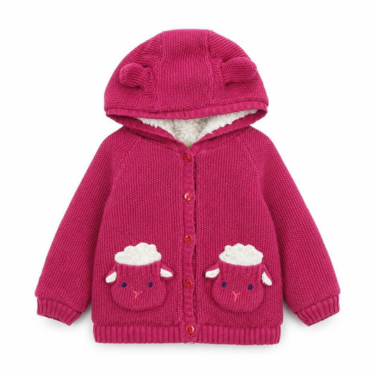 Front view of John Lewis girls’ pink jacket, size 12-18, months button