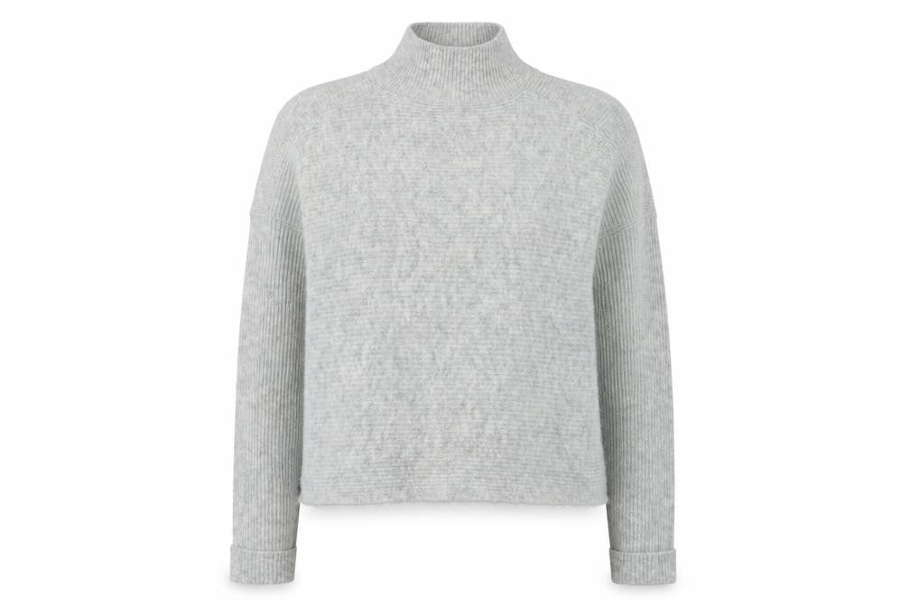 Front view of Miss Selfridge women’s grey mock neck polyester jumper, size UK 6