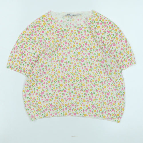 Zara Womens Multicoloured Crew Neck Floral Cotton Pullover Jumper Size M