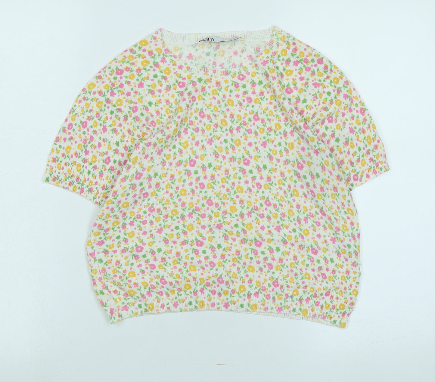 Zara Womens Multicoloured Crew Neck Floral Cotton Pullover Jumper Size M