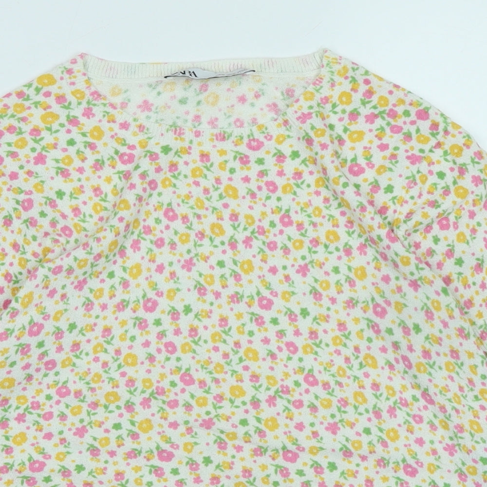 Zara Womens Multicoloured Crew Neck Floral Cotton Pullover Jumper Size M