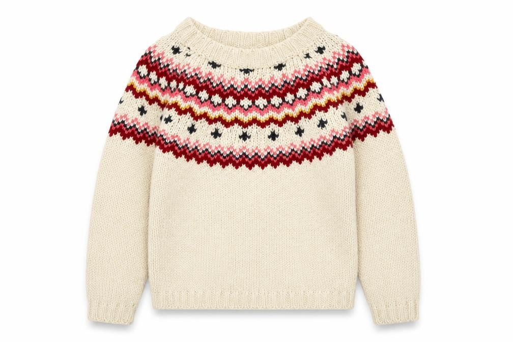 Front view of abcd'R girls’ multicoloured crew neck fair isle polyamide jumper, size 9-10, years