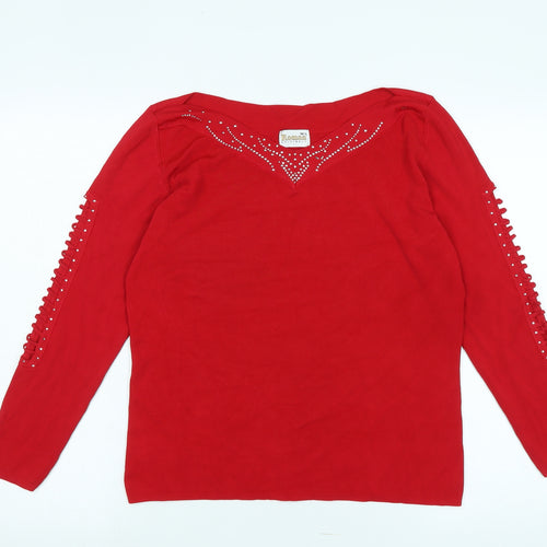 Roman Womens Red V-Neck Viscose Pullover Jumper Size L - Opening detail to sleeves -Faux Gemstones