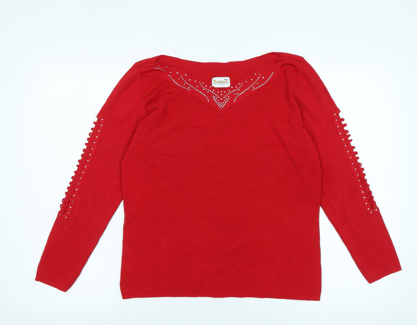 Roman Womens Red V-Neck Viscose Pullover Jumper Size L - Opening detail to sleeves -Faux Gemstones