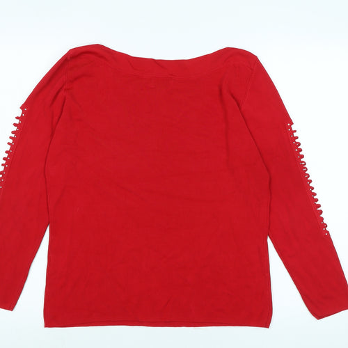 Roman Womens Red V-Neck Viscose Pullover Jumper Size L - Opening detail to sleeves -Faux Gemstones