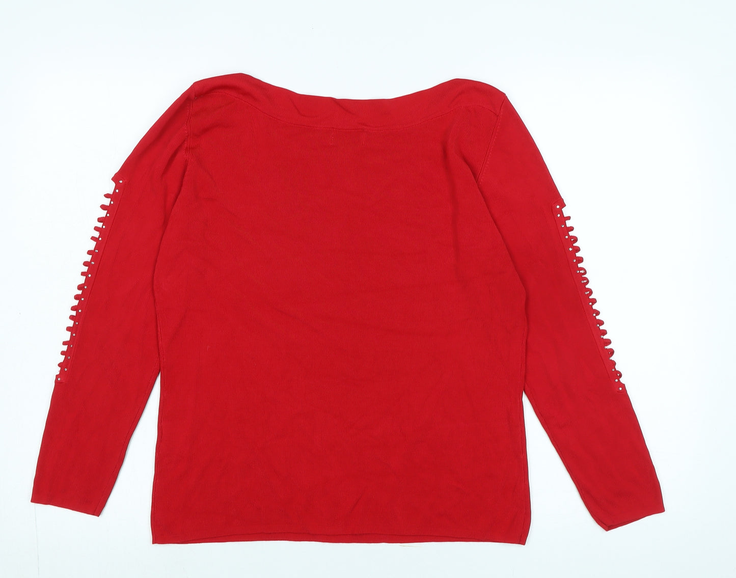 Roman Womens Red V-Neck Viscose Pullover Jumper Size L - Opening detail to sleeves -Faux Gemstones
