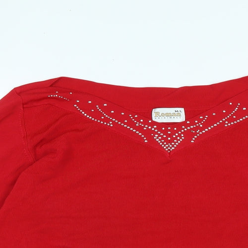 Roman Womens Red V-Neck Viscose Pullover Jumper Size L - Opening detail to sleeves -Faux Gemstones