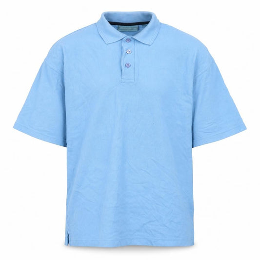 Front view of Greenwoods men’s blue cotton polo, size M, collared - logo