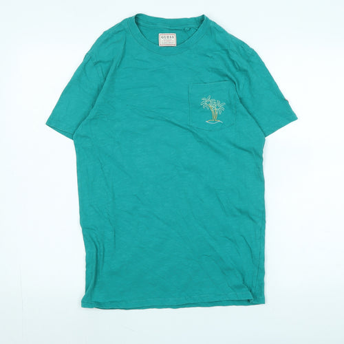 GUESS Womens Green Cotton Basic T-Shirt Size S Crew Neck - Logo - Palm Tree on front Pocket