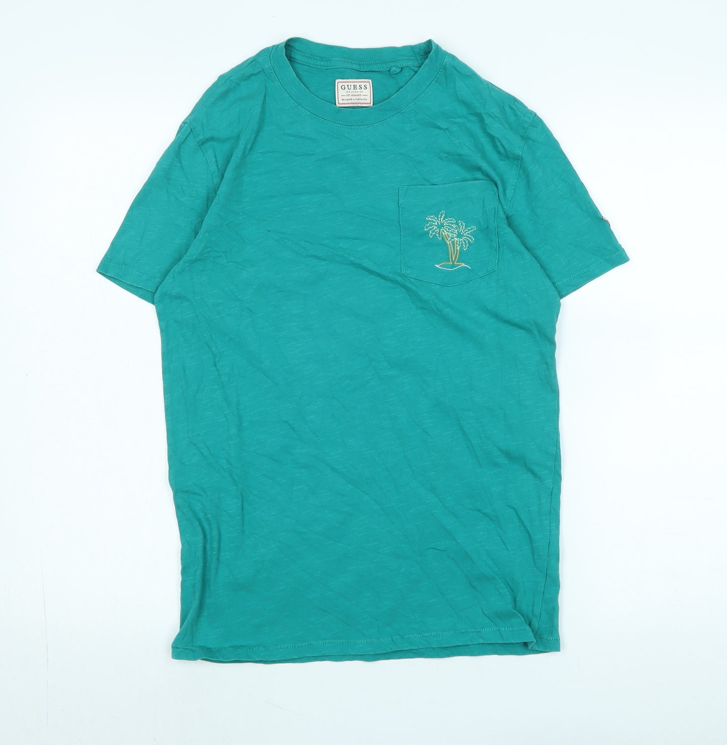 GUESS Womens Green Cotton Basic T-Shirt Size S Crew Neck - Logo - Palm Tree on front Pocket