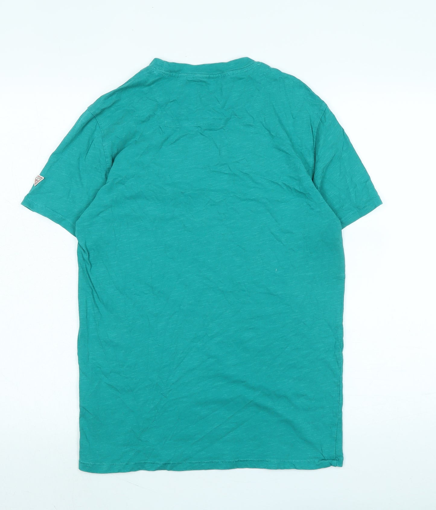 GUESS Womens Green Cotton Basic T-Shirt Size S Crew Neck - Logo - Palm Tree on front Pocket