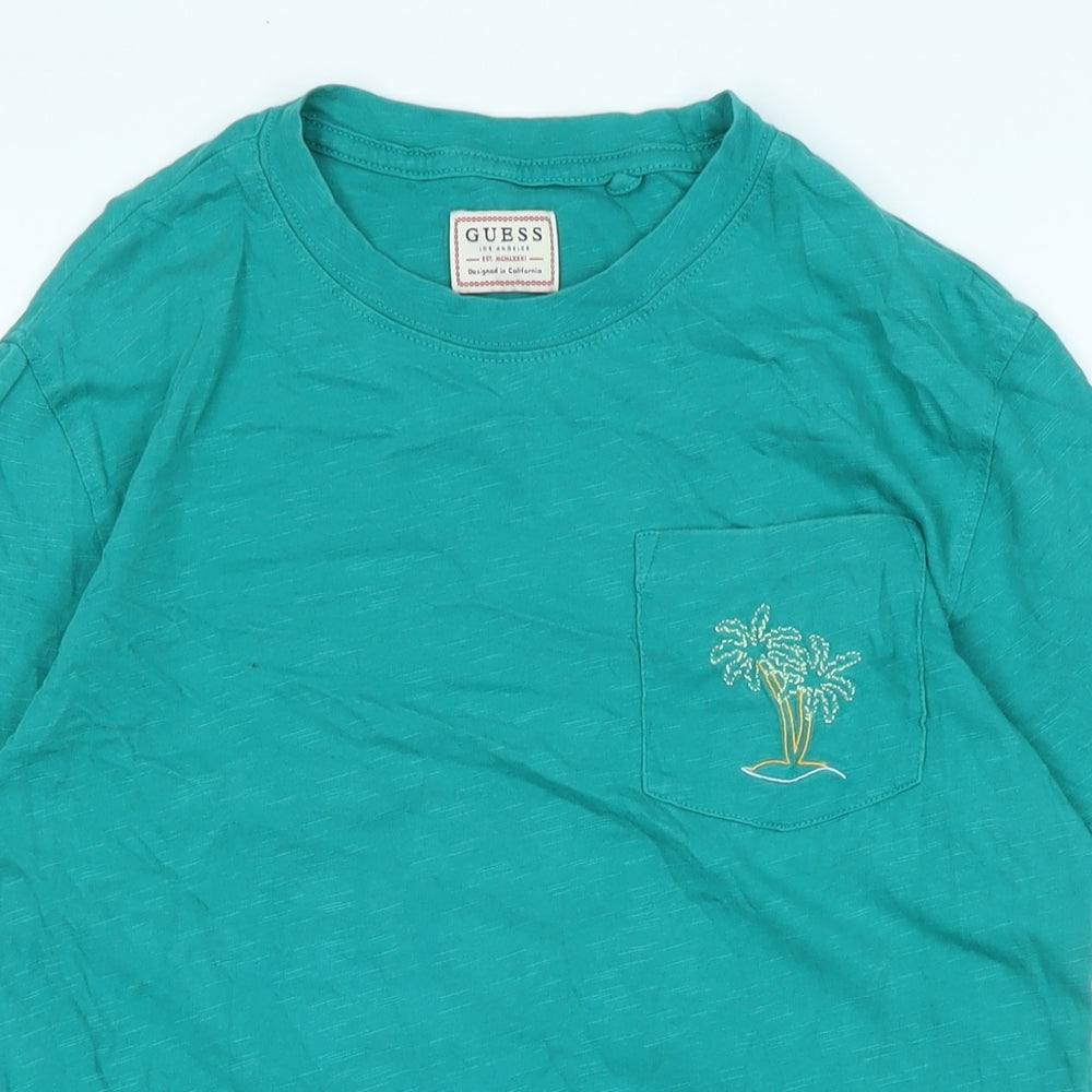 GUESS Womens Green Cotton Basic T-Shirt Size S Crew Neck - Logo - Palm Tree on front Pocket