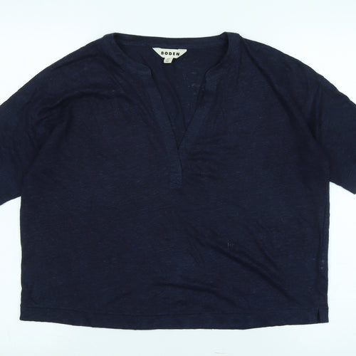 Boden Womens Blue Linen Basic T-Shirt Size 8 Crew Neck - Logo