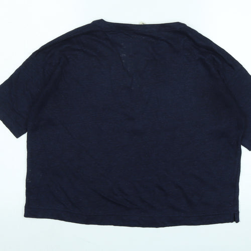 Boden Womens Blue Linen Basic T-Shirt Size 8 Crew Neck - Logo