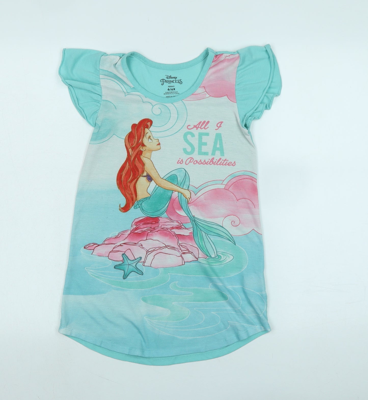 Disney Girls Green Solid Polyester Capri Nightshirt Size 6 Years - Logo- Disney Princess