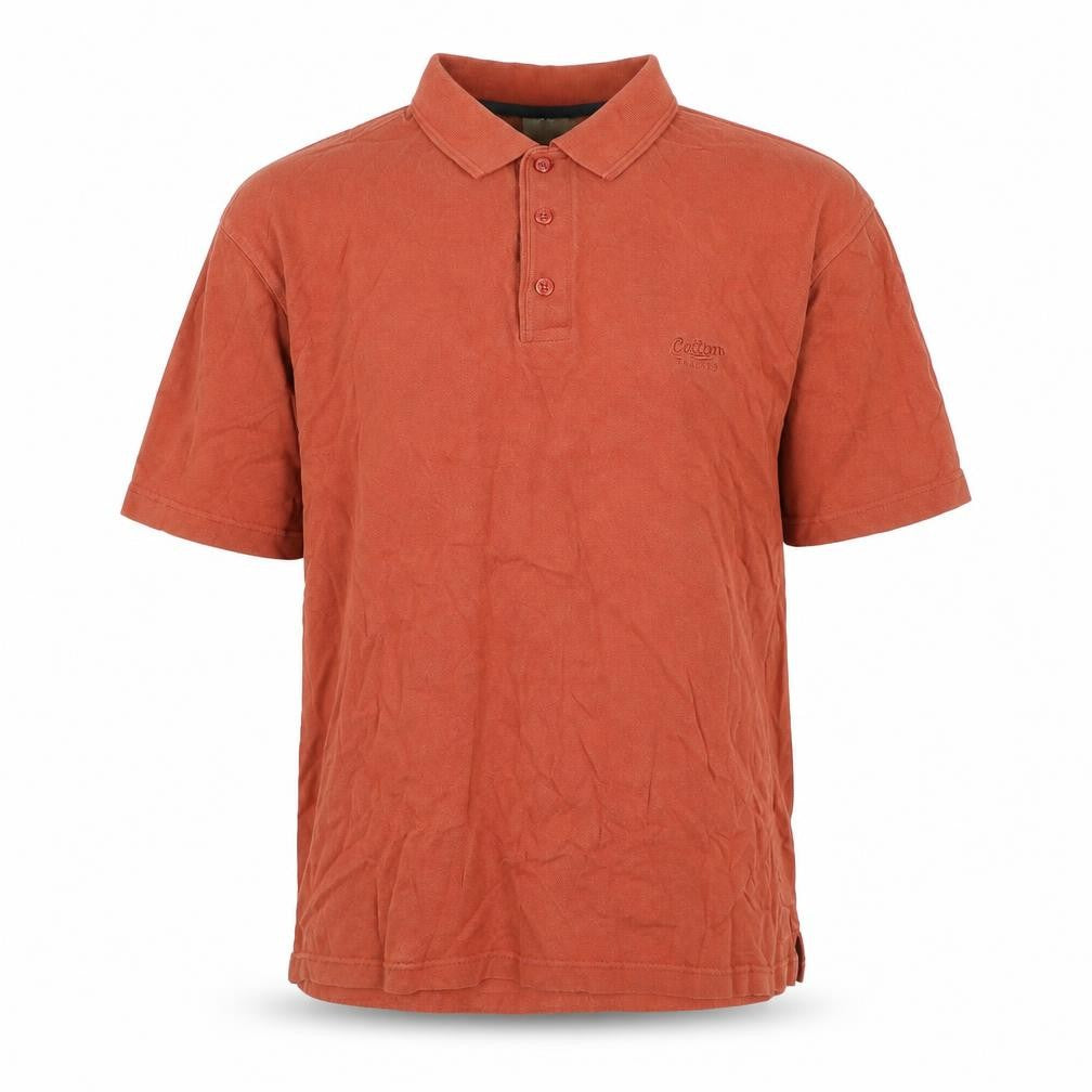 Front view of Cotton Traders men’s brown cotton polo, size M, collared button - logo