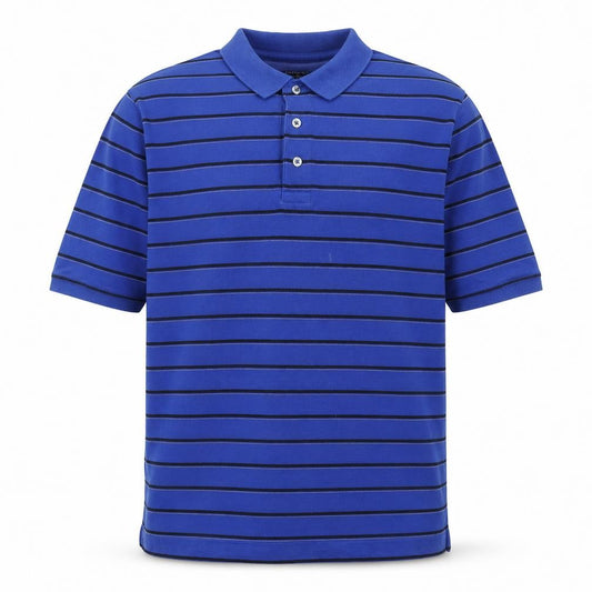 Front view of Lands' End men’s blue cotton polo, size M, collared button - logo