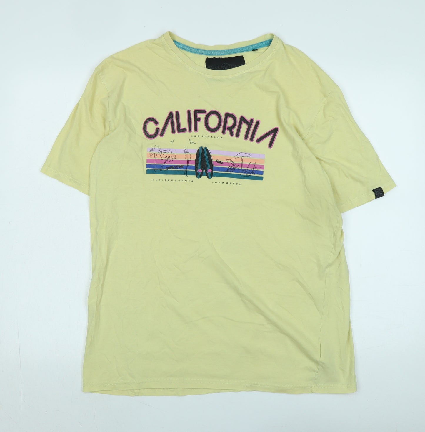 Soul Star Mens Yellow Cotton T-Shirt Size XL Crew Neck - CALIFORNIA