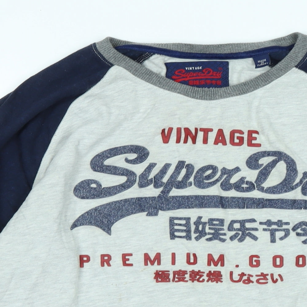 Superdry Mens Grey Cotton T-Shirt Size 2XL Crew Neck - Logo -Vintage Superdry