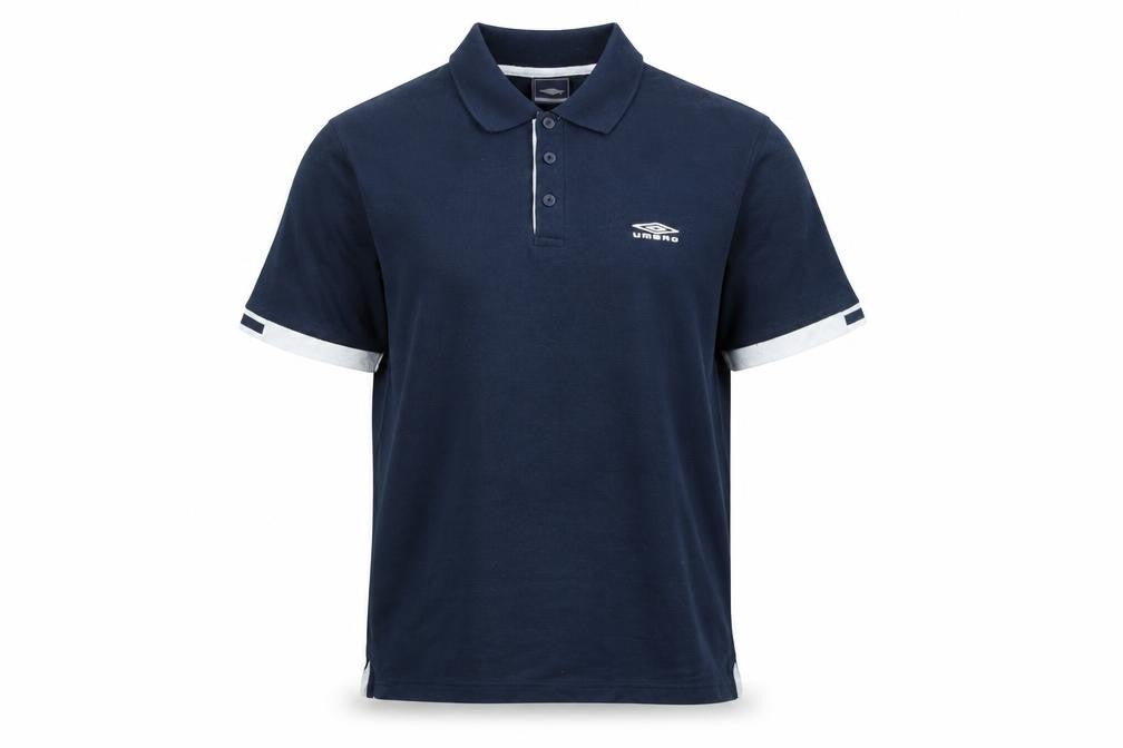Front view of Umbro men’s blue cotton polo, size L, collared - logo