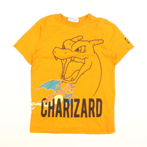 Pokemon Boys Orange Cotton Basic T-Shirt Size 9-10 Years Round Neck Pullover - Charizard