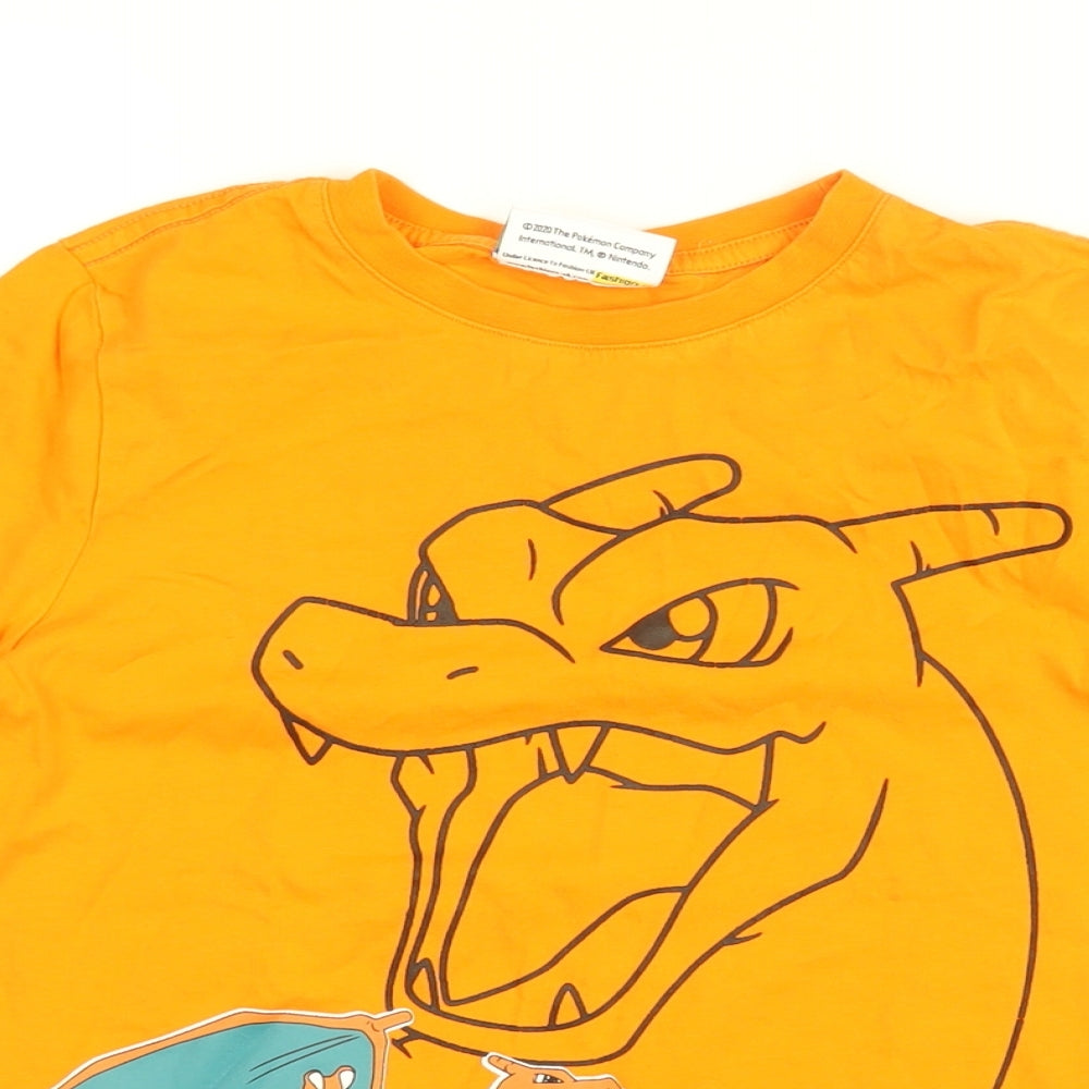 Pokemon Boys Orange Cotton Basic T-Shirt Size 9-10 Years Round Neck Pullover - Charizard