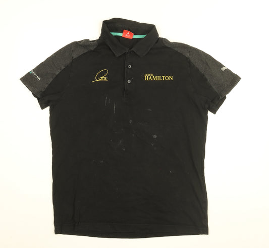 Slazenger Mens Black Cotton Polo Size L Collared Button - Mercedes, Lewis Hamilton