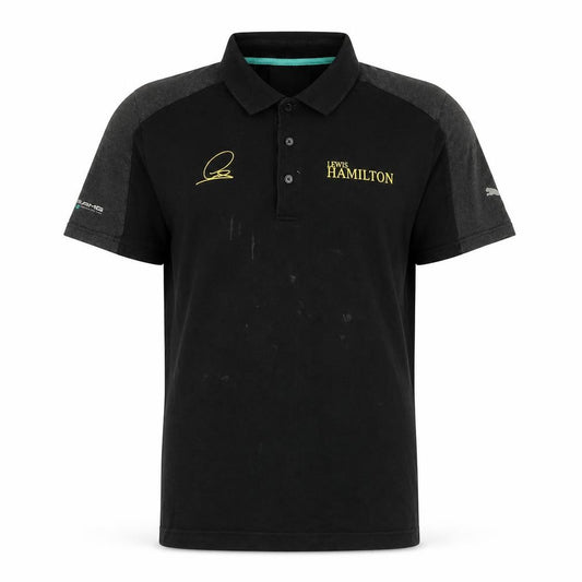 Front view of Slazenger men’s black cotton polo, size L, collared button - mercedes, lewis hamilton