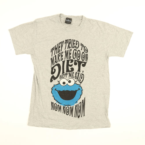 Sesame Street Mens Grey Cotton T-Shirt Size M Round Neck - Cookie Monster, Nom Nom Nom