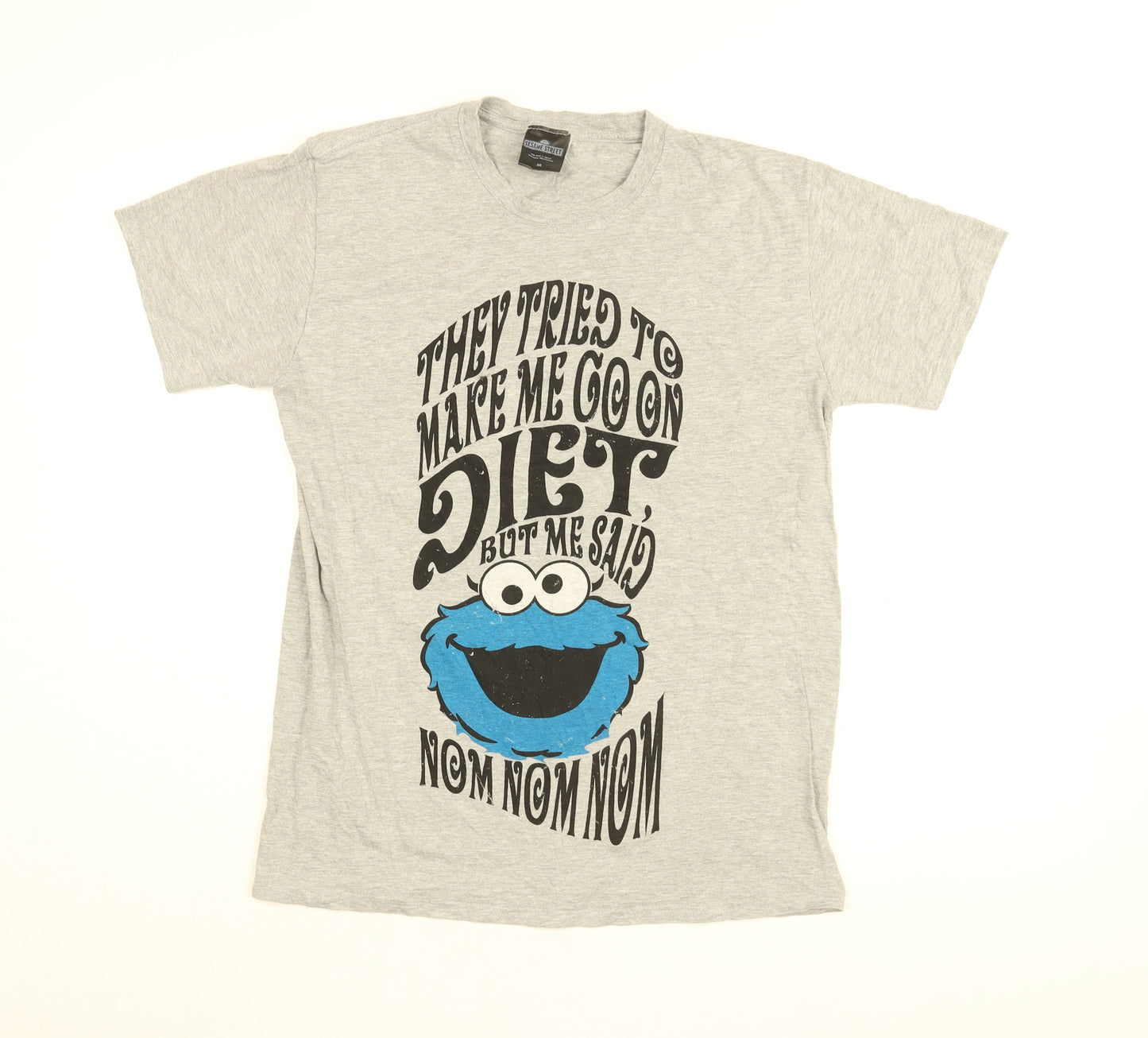 Sesame Street Mens Grey Cotton T-Shirt Size M Round Neck - Cookie Monster, Nom Nom Nom