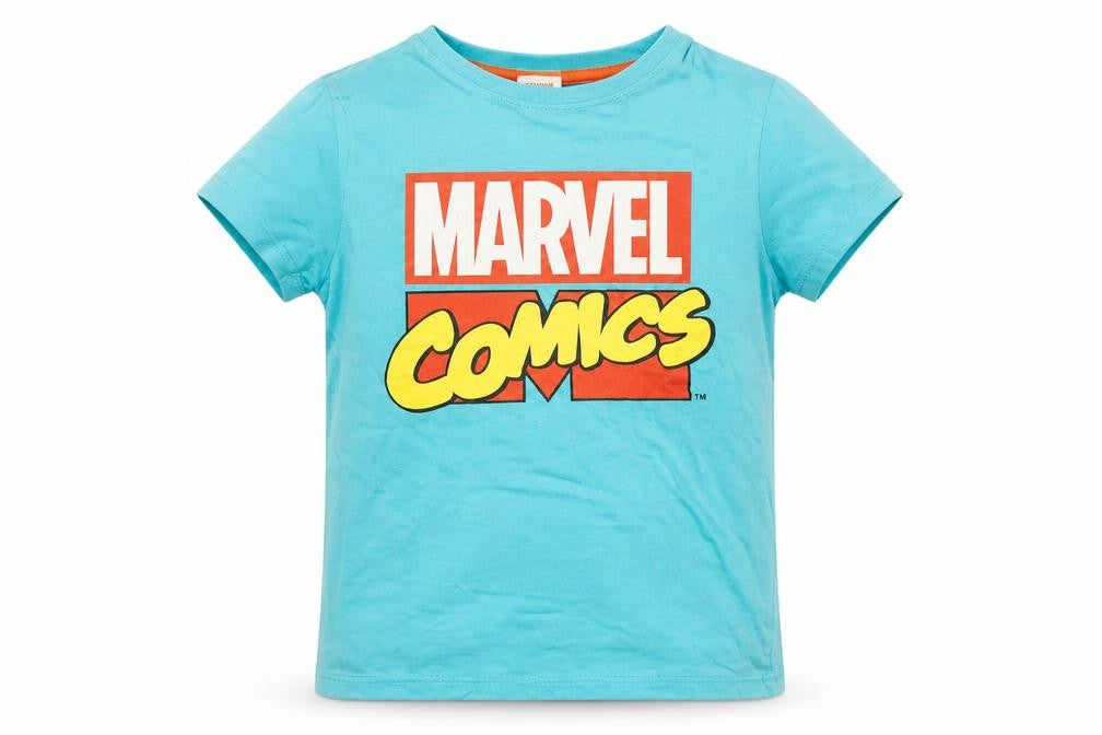 Front view of Marvel Comics boys’ blue cotton basic t-shirt, size 8-9, years round neck pullover - marvel comics