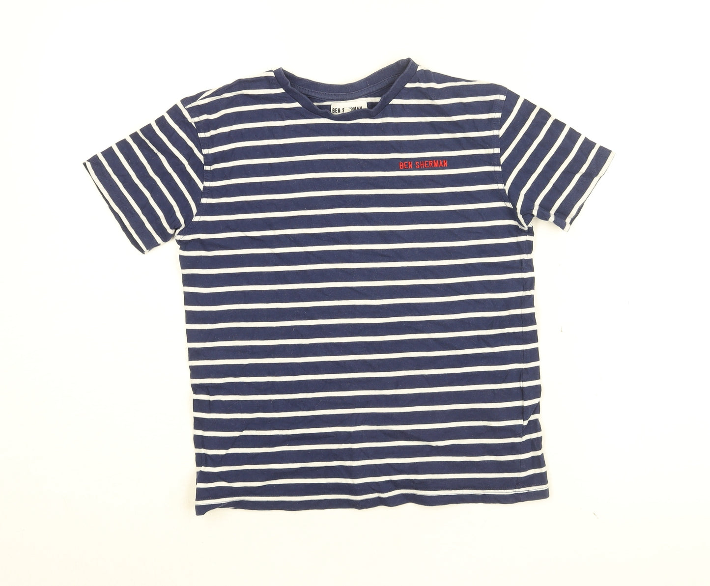 Ben Sherman Boys Blue Striped Cotton Basic T-Shirt Size 10-11 Years Round Neck Pullover