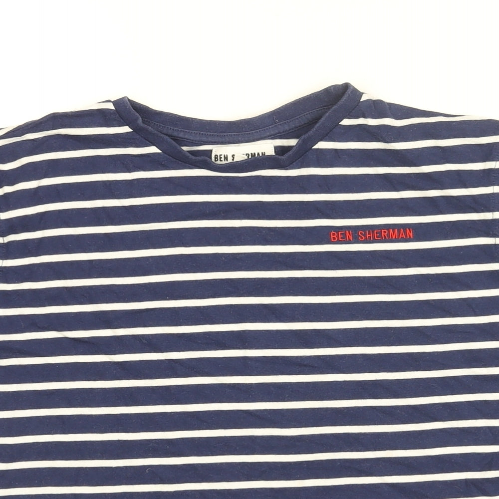 Ben Sherman Boys Blue Striped Cotton Basic T-Shirt Size 10-11 Years Round Neck Pullover