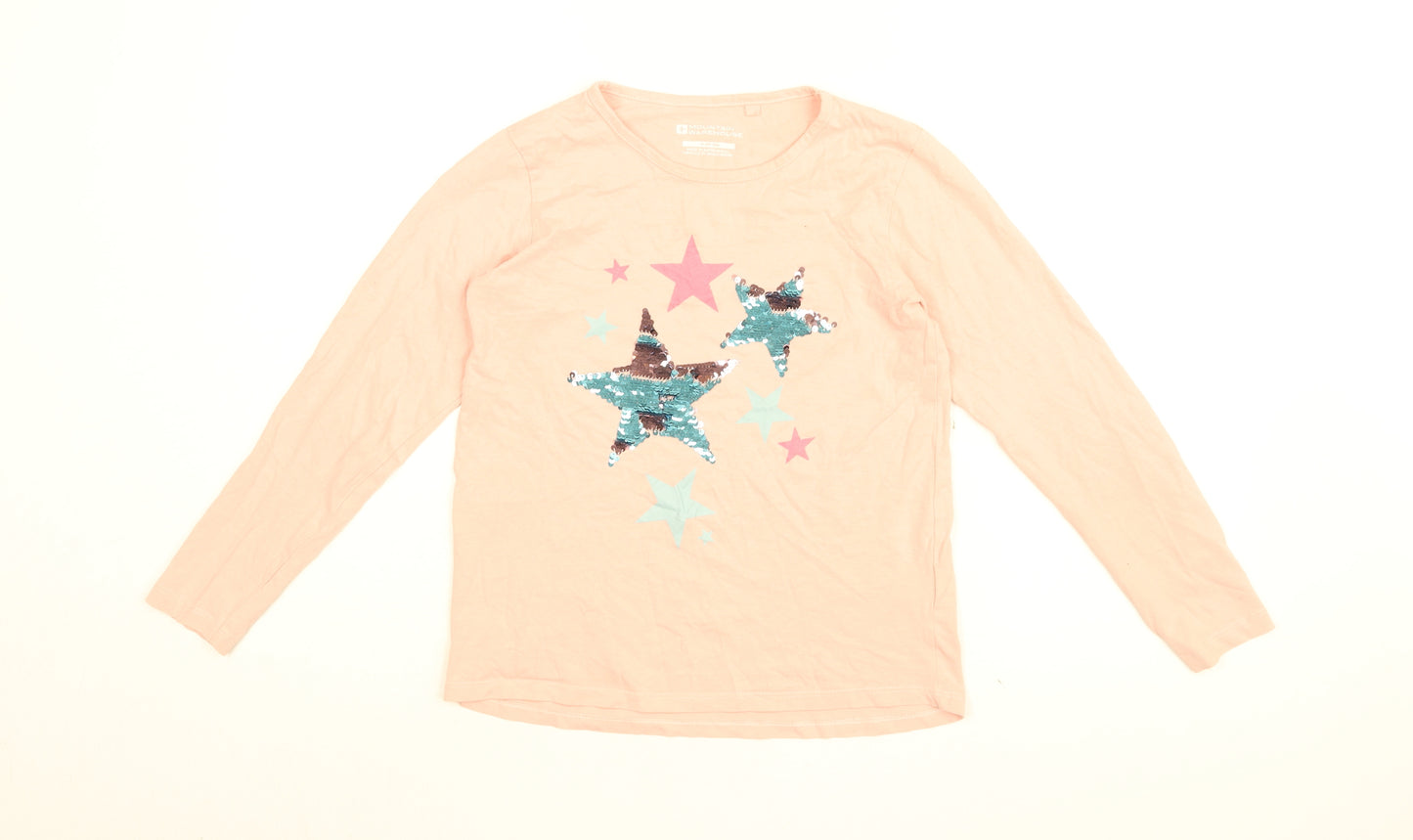 Mountain Warehouse Girls Pink Cotton Basic T-Shirt Size 9-10 Years Round Neck Pullover - Star print, Sequins